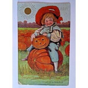 Taylor Halloween Postcard Child In Pumpkin Patch JOL 1908 Vintage Embossed